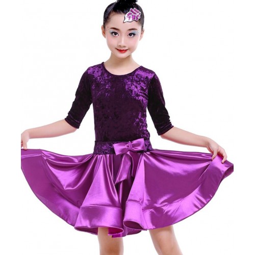 Violet green red velvet girls ballroom dresses competition stage performance children kids shiny satin latin dance dresses